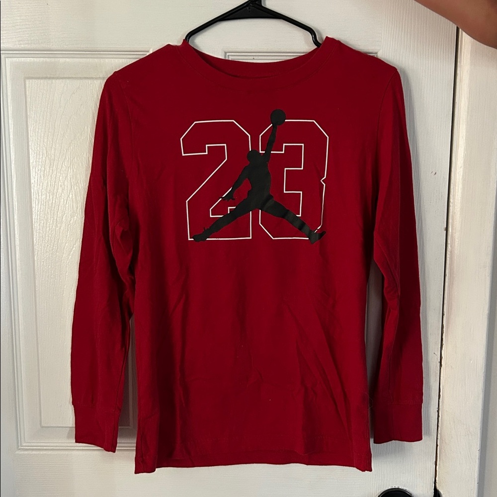 Boys Air Jordan Large Red Long Sleeve Shirt with Black Graphic